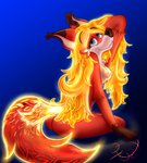 absurd_res anthro blue_eyes breasts butt canid canine erika_(disambiguation) female fire firefox flaming_hair flaming_tail fox hi_res lobofeo mammal nipples nude pseudo_hair red_fox solo tail true_fox