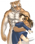 abs anthro biceps bottomwear brown_eyes clothing duo female fur hair jumper long_hair male muscular nude orange_eyes pecs ponytail school_uniform shirt simple_background skirt topwear uniform xiin felid human mammal pantherine tiger