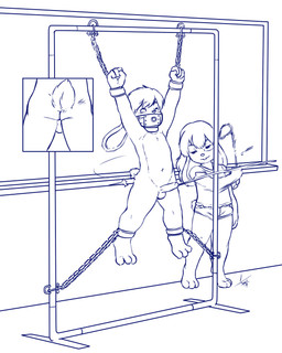 ambiguous_gender anthro anthro_on_anthro arms_tied backsack balls bdsm blush bodily_fluids bottomwear bound buckteeth butt butt_slap chain chained chalkboard chest_tuft clothed clothing cum cum_from_spanking cumshot cutaway digitigrade duo ejaculation erection eye_markings eye_roll floppy_ears gag gagged genital_fluids genitals hair humanoid_genitalia humanoid_penis legs_tied looking_pleasured male male_anthro markings motion_blur navel nude_male orgasm penis riding_crop scut_tail shirt short_tail shorts simple_background slap spank_marks spanking spread_eagle standing suspension tail teeth topwear tuft whip white_background young young_anthro young_male young_on_young aogami lagomorph leporid mammal rabbit 2019 digital_media_(artwork) hi_res line_art monochrome signature