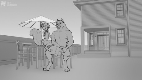 anthro balls breasts butt butt_grab clothed clothing clothing_lift female flaccid flat_chested fur genitals glans hair hand_on_butt larger_male male nipples nude open_mouth penis presenting presenting_breasts shirt shirt_lift sitting size_difference topwear young zaush canid canine canis domestic_dog mammal mephitid pit_bull skunk 16:9 2019 hi_res monochrome widescreen