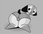 anthro big_butt butt camel_toe clothed clothing female grey_background looking_back lying presenting presenting_hindquarters short_stack simple_background smile solo thick_thighs wide_hips detnox nintendo nintendo_switch switch_dog animate_inanimate canid mammal hi_res monochrome