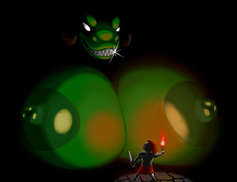 areola big_breasts big_nipples breasts dark duo female green_body green_nipples horn huge_breasts hyper hyper_breasts knight male nipples non-mammal_breasts non-mammal_nipples sharp_teeth size_difference smaller_human smaller_male smile teeth torch warrior white_eyes evergreenplate mythology gullet_(character) dragon human mammal mythological_creature mythological_scalie scalie
