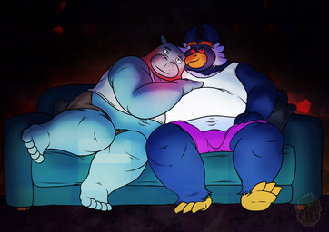 3_claws anthro barefoot belly_peeking_out claws clothing cuddling duo feet furniture hand_on_belly hand_on_leg hand_on_thigh looking_at_viewer male male/male overweight overweight_anthro overweight_male resting_on_belly shirt sofa tank_top topwear mikeyex odd_taxi pen-pen_(rawk-hawpper) taichi_kabasawa_(odd_taxi) avian bird common_hippopotamus crested_penguin hippopotamid mammal penguin rockhopper_penguin absurd_res hi_res