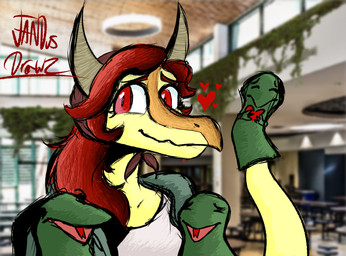 anthro blurred_background brown_body cafeteria clothed clothed_anthro clothed_female clothing eyebrows fake_horns female front_view furniture green_clothing green_jacket green_topwear hair happy heart_symbol inside jacket long_hair looking_at_viewer open_clothing open_jacket open_topwear puppet raised_inner_eyebrows red_eyes red_hair shirt smile solo table tail topwear white_clothing white_shirt white_topwear window yellow_body joebamna cavemanon_studios puppet_pals snoot_game schizo_chan_(snoot_game) compsognathid compsognathus dinosaur prehistoric_species reptile saurischian scalie theropod bust_portrait colored portrait