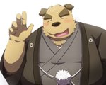 anthro belly blush clothing eyes_closed humanoid_hands kemono male overweight overweight_anthro overweight_male robe simple_background solo white_background emufu canid canine canis domestic_dog mammal 2015 5:4