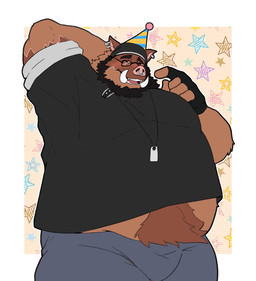 anthro beanie beard belly belly_tuft birthday blush brown_body brown_fur choker clothed clothing clothing_lift ear_piercing eyebrows eyes_closed eyewear facial_hair facial_piercing fur gesture glasses hand_behind_head hand_gesture hat headgear headwear jewelry male necklace nose_piercing nose_ring overweight overweight_male party_hat pattern_background piercing pointing pointing_at_self ring_piercing shirt shirt_lift simple_background snout solo topwear tuft tusks wearing_glasses sora_idiotka cole_(chxrinou) mammal suid suine sus_(pig) wild_boar hi_res