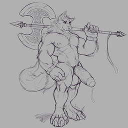 4_toes 5_fingers anthro axe balls battle_axe belly_tuft big_balls big_penis bodily_fluids cuff_(restraint) double_bitted_axe erection eyebrows fangs feet fingers genital_fluids genitals greataxe grey_background hair holding_object holding_weapon humanoid_genitalia humanoid_penis looking_at_viewer male melee_weapon muscular muscular_anthro muscular_male navel_tuft neck_tuft nipples penis precum restraints shackles simple_background smile solo standing teeth thick_penis toes tuft vein weapon weapon_on_shoulder sorcerer_salem mythology bfw canid canine canis mammal mythological_canine mythological_creature werecanid werecanine werecreature werewolf wolf 1:1 2020 absurd_res greyscale hi_res monochrome signature