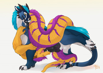 ambiguous_gender ambiguous_penetrated animal_genitalia anthro anthro_on_feral anthro_penetrated apode balls bestiality black_penis black_tongue blue_body blue_fur brown_horn claws duo erection eyes_closed facial_horn fangs feral feral_penetrating feral_penetrating_anthro fur genitals glistening glistening_tongue grey_claws hair horn knot legless male male/ambiguous male_penetrating male_penetrating_ambiguous multi_limb nose_horn nude oral oral_penetration penetration penis penis_in_mouth purple_body purple_hair purple_scales purple_stripes retracted_sheath scales serpentine sex sheath side_view simple_background striped_body stripes tail teeth tongue tongue_out white_background white_balls white_body white_fur white_sheath yellow_body yellow_eyes yellow_scales famir mythology allanor_(carenath) artyom_(duke-jarnunvosk) draconcopode dragon felkin furred_dragon furred_scalie mythological_creature mythological_scalie naga reptile scalie snake 2019 dated signature male_(lore)