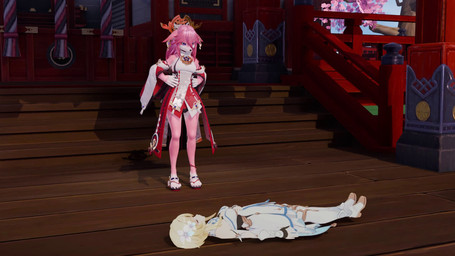 anthro asian_clothing barefoot clothing east_asian_clothing feet female female/female foot_fetish foot_focus foot_play fur japanese_clothing kimono looking_up lying_on_ground on_ground paw_shot pawpads paws pink_body pink_fur pink_pawpads soles toes trampling madam_qin genshin_impact mihoyo lumine_(genshin_impact) yae_miko canid canine fox mammal 16:9 3d_(artwork) 3d_animation animated digital_media_(artwork) hi_res huge_filesize long_playtime sound video widescreen