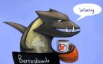 anthro beverage blue_background coffee container cup fangs fin scales semi-anthro simple_background smile solo speech_bubble teeth text yellow_body yellow_scales anonymous_artist nintendo pokemon barracuda barraskewda fish generation_8_pokemon istiophoriform marine pokemon_(species) scombriform 2019 english_text