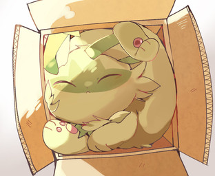 ambiguous_gender blush blush_lines box cheek_tuft container eyes_closed facial_tuft feral fur green_body green_fur in_box in_container nude pawpads paws pink_pawpads simple_background solo tuft white_background yupo_0322 nintendo pokemon generation_9_pokemon pokemon_(species) sprigatito 2025 colored colored_sketch digital_drawing_(artwork) digital_media_(artwork) hi_res shaded sketch