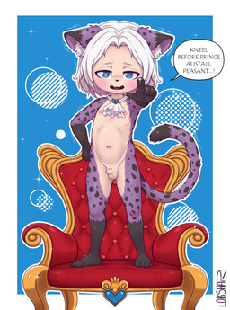 anthro areola balls biped black_nose black_spots blue_eyes chair countershade_face countershade_fur countershade_torso countershading cute_fangs dialogue dipstick_ears dipstick_tail ear_markings fangs flaccid fur furniture genitals gesture gloves_(marking) hair hand_gesture hand_on_hip hand_on_own_hip heart_pupils heart_symbol humanoid_genitalia humanoid_penis inner_ear_fluff leg_markings male markings multicolored_body multicolored_ears multicolored_fur navel neckwear neckwear_only nipples nude on_chair open_mouth penis plantigrade pointing pointing_at_viewer purple_body purple_fur royalty short_hair simple_background socks_(marking) solo speech_bubble spots spotted_body spotted_fur standing standing_on_chair tail tail_markings talking_to_viewer tan_body tan_countershading tan_fur teeth text tongue tuft two_tone_body two_tone_fur white_hair white_inner_ear_fluff young young_anthro young_male ultama_lokshar felid mammal pantherine snow_leopard 2026 absurd_res alternate_version_at_source english_text hi_res
