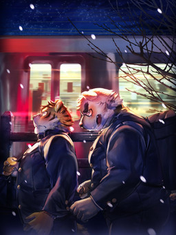 anthro backpack blush bodily_fluids bottomwear clothing detailed_background duo kemono male male/male night outside pants shirt slightly_chubby standing star tears topwear train vehicle kijimaru bear felid mammal pantherine tiger 2026 3:4 hi_res
