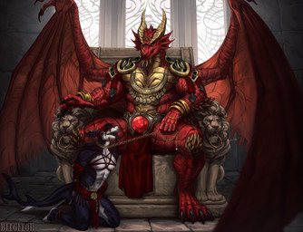 anthro armor bandage bdsm blindfold bondage bottomwear bound chain chair claws clothing collar dominant dominant_anthro dominant_male duo fantasy furniture gold_(metal) horn intersex leash leashed_collar loincloth male male/male mask master medieval medieval_armor muscular muscular_anthro muscular_male piercing red_body scales shark_tail size_difference slave submissive submissive_anthro submissive_male throne throne_room window wing_claws wings worship yellow_eyes belgefor mythology sasseiw sechutan aquatic dragon felid fish lion mammal mythological_creature mythological_scalie pantherine scalie shark hi_res