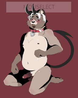 aged_up anthro arm_tuft ball_tuft balls belly belt_collar big_horn black_eyebrows black_horn black_tail blush brown_body brown_fur butt_tuft cheek_tuft chubby_face closed_hands collar collar_only collar_tag elbow_tuft erection eye_bags eyebrows facial_hair facial_tuft feet fur genitals glistening glistening_arms glistening_belly glistening_body glistening_cheeks glistening_fur glistening_horn glistening_knees glistening_shoulders glistening_thighs goatee grey_body grey_fur hair happy heart_tag horn humanoid_genitalia humanoid_penis inner_ear_fluff knee_tuft kneeling leg_tuft looking_at_viewer male metal navel neck_tuft nipples nude open_mouth orange_tongue penis pink_collar pubes pupils red_background red_collar red_eyes sharp_teeth shoulder_blush shoulder_tuft showing_teeth simple_background slightly_chubby slightly_chubby_anthro slightly_chubby_male small_penis smile solo spade_tail tail teeth text_on_collar_tag thigh_tuft three-quarter_view tongue tuft wearing_collar white_hair mouselect canid canine mammal raccoon_dog tanuki 4:5 digital_drawing_(artwork) digital_media_(artwork) digital_painting_(artwork) hi_res painting_(artwork)