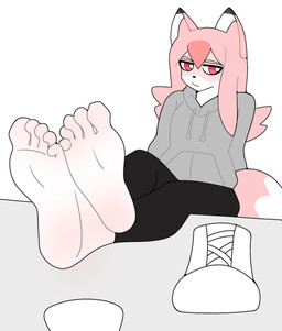 5_toes anthro barefoot bottomwear clothed clothing dipstick_tail feet female foot_fetish foot_focus foot_on_table footwear furniture hair hoodie long_hair looking_at_viewer markings multicolored_body pants pink_body pink_hair red_eyes shoes shoes_removed simple_background sitting soles solo table tail tail_markings toes topwear two_tone_body white_background white_body oddity27 brand_new_animal studio_trigger nazuna_hiwatashi canid canine fox mammal 2026 digital_media_(artwork) hi_res