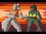 action_pose anthro big_breasts black_bars black_hair black_nose blue_eyes bottomwear breasts cleavage clothed clothing duo female fur green_eyes grey_body grey_fur hair huge_breasts long_hair midriff muscular muscular_female ponytail pose shirt shorts smile teeth thick_thighs topwear under_boob white_body white_fur white_hair wide_hips dracojeff texas_longhorns cindi_savaan cleo_(yutrah) canid canine canis felid mammal pantherine wolf letterbox