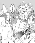 abs anthro balls beard biceps blush clothed clothing dialogue drunk facial_hair fur genitals humanoid_genitalia humanoid_penis male muscular muscular_male navel pecs penis sitting solo substance_intoxication text eurobeat sdorica law_(sdorica) canid canine canis mammal wolf chinese_text translation_request