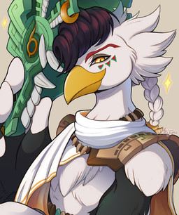 anthro beak biped black_body black_feathers braided_hair chest_tuft clothed clothed_anthro clothed_male clothing eyebrows facial_markings feather_hands feathers fingerless_(marking) glistening glistening_eyes green_markings hair half-closed_eyes head_markings holding_mask holding_object looking_at_viewer male male_anthro markings mask multicolored_body multicolored_feathers multicolored_scarf narrowed_eyes orange_scarf red_eyebrows red_markings scarf simple_background solo sparkles text tuft two_tone_body two_tone_feathers two_tone_scarf white_body white_feathers white_scarf yellow_beak yellow_eyes arijuno age_of_imprisonment hyrule_warriors nintendo the_legend_of_zelda raphica_(tloz) sage_of_wind_(tloz) avian rito 2025 artist_name digital_media_(artwork)