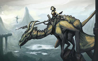black_hair breasts cleavage clothed clothing cloud detailed_background duo_focus fantasy female feral forked_tongue group gun hair horn melee_weapon membrane_(anatomy) membranous_wings mountain outside polearm ranged_weapon riding sitting sky spikes straddling tail tongue tongue_out weapon wings virtualninjas mythology dragon human mammal mythological_creature mythological_scalie scalie 16:10 digital_media_(artwork) wallpaper widescreen