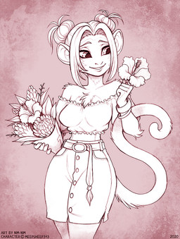 anthro belt big_ears bottomwear bouquet breasts chest_tuft clothed clothing copyright_symbol crop_top female flower fully_clothed furgonomics hair hair_bun hyper_ears midriff monkey_ears plant shirt skirt smile solo standing symbol tail tail_through_skirt topwear tuft twin_buns nim-nim haplorhine mammal monkey primate 2020 digital_media_(artwork) sketch