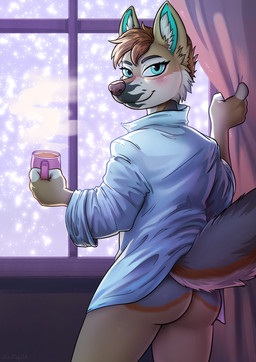 anthro beverage blush bottomless bottomless_anthro bottomless_female brown_body butt clothed clothing container cup female fingers fur hair holding_container holding_cup holding_mug holding_object looking_at_viewer looking_back mug shirt smile snowing_outside solo standing tail topwear kastoluza canid canine canis coyote mammal digital_media_(artwork) hi_res