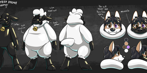 anthro bell bell_collar biped black_hair black_nose brown_body brown_eyes brown_fur clothed clothing collar costume cowbell cowbell_collar drone dronesuit fur gas_mask glistening glistening_clothing hair heterochromia male mask multicolored_body multicolored_fur muzzle_(object) muzzled pink_eyes sheep_costume sheepsuit simple_background smile solo text two_tone_body two_tone_fur white_body white_fur sexotheque emlyn bovid canid canine canis caprine domestic_dog herding_dog mammal pastoral_dog sheep welsh_corgi 2025 absurd_res digital_media_(artwork) english_text hi_res model_sheet