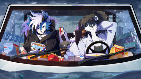 ambiguous_gender anthro black_clothing black_hoodie black_topwear blue_body blue_eyes blue_fur car chips_(food) clothed clothing collar dessert female food fully_clothed fur group hoodie male one_eye_obstructed pink_body pink_fur raining snack tail topwear trio vehicle white_body white_fur unknown_artist mcdonald's nintendo nintendo_switch pokemon royal_dansk kian_(kianyemao) yemao_(kianyemao) badger canid canine generation_5_pokemon generation_7_pokemon liepard lycanroc mammal midnight_lycanroc mustelid musteline pokemon_(species) shiny_pokemon absurd_res hi_res