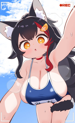 accessory big_breasts black_hair blush blush_lines bodily_fluids breasts camera_view cleavage clothed clothing dialogue female hair hair_accessory highlights_(coloring) huge_breasts long_hair looking_at_viewer low-angle_view multicolored_hair open_mouth orange_eyes phone_camera recording recording_video red_highlights side_boob simple_background solo standing sweat swimwear tail tail_around_leg text text_on_clothing thick_thighs wide_hips zazami_d hololive vtuber ookami_mio animal_humanoid canid canid_humanoid canine canine_humanoid humanoid mammal mammal_humanoid wolf_humanoid hi_res japanese_text