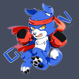 accessory anthro black_nose black_pawpads blue_body blue_fur cheek_tuft chest_tuft chibi clothing facial_tuft fangs fur glistening glistening_pawpads gloves grey_background handwear head_tuft headband male nude open_mouth orange_pupils pawpads pupils red_clothing red_gloves red_handwear red_headband simple_background solo teeth three-quarter_view tuft white_body white_fur yellow_eyes asnnonaka bandai_namco digimon canid digimon_(species) gaomon mammal 1:1 full-length_portrait portrait signature