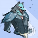 anthro belt_buckle blue_body blue_fur buckle clothing fur glowing glowing_eyes jacket leather leather_clothing leather_jacket leather_topwear male red_eyes simple_background solo teeth tongue topwear painsaw dingaling_productions lisa_the_joyful lisa_the_painful big_lincoln canid canine canis humanoid mammal wolf 1:1