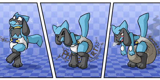 accident ambiguous_gender anthro black_body black_fur blue_body blue_fur blush bodily_fluids breath checkered checkered_background clenched_teeth clothed clothing diaper diaper_only eye_roll eyes_closed feces flying_sweatdrops fur leg_markings markings narrowed_eyes open_mouth pattern_background poop_desperation pooping raised_tail red_eyes simple_background socks_(marking) soiled_diaper soiling soiling_diaper solo sound_effects sweat sweatdrop tail teeth topless unclean_diaper used_diaper using_diaper wearing_diaper ritzcat nintendo pokemon generation_4_pokemon pokemon_(species) riolu hi_res signature