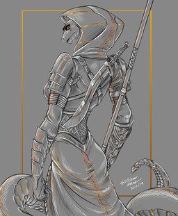 anthro apode armor armor_plates breasts clothing female gauntlets gloves handwear legless melee_weapon non-mammal_breasts polearm pupils serpentine simple_background slit_pupils snake_hood solo spear sword tail weapon wmdiscovery93 draconcopode naga reptile scalie snake 2019 hi_res shaded simple_shading sketch