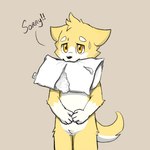 ambiguous_gender anthro apologizing_to_viewer apology chewing embarrassed head_tuft multicolored_body pillow solo tail torn_pillow tuft two_tone_body two_tone_tail white_body yellow_body yellow_eyes bruno_borker canid canine canis domestic_dog mammal 1:1 hi_res