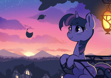 building cloud cutie_mark eyebrows female feral golden_oaks_library hair highlights_(coloring) hooves horn house lamp leaf mountain ponyville purple_body purple_eyes purple_hair smile solo star sun window darksittich friendship_is_magic hasbro my_little_pony mythology twilight_sparkle_(mlp) equid equine horse mammal mythological_creature mythological_equine pony unicorn hi_res