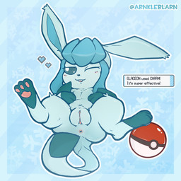 anus butt digitigrade feet female feral genitals humanoid_genitalia looking_at_viewer lying on_back one_eye_closed pawpads paws plump_labia pokeball simple_background smug_face soles solo spread_legs spreading teasing text text_box vulva wink winking_at_viewer arnkleblarn nintendo pokemon canid eeveelution generation_4_pokemon glaceon mammal pokemon_(species) 1:1 absurd_res english_text hi_res