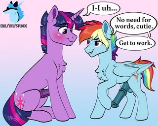 animal_genitalia animal_penis balls bedroom_eyes blush chest_tuft crossgender cutie_mark dialogue duo equine_genitalia equine_penis erection feral flared_penis ftm_crossgender genitals gradient_background hair hooves horn male male/male male_feral medial_ring narrowed_eyes penis quadruped seductive simple_background smile speech_bubble tail text tuft wings emilywulfstudios friendship_is_magic hasbro my_little_pony mythology rainbow_dash_(mlp) twilight_sparkle_(mlp) equid equine mammal mythological_creature mythological_equine pegasus unicorn absurd_res digital_drawing_(artwork) digital_media_(artwork) english_text hi_res