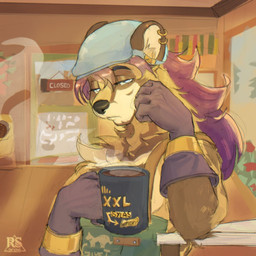 anthro apron beverage brown_body brown_fur clothing coffee coffee_mug ear_piercing ear_ring fur hair hat headgear headwear male piercing purple_hair ring_piercing solo striped_body striped_fur stripes white_eyes rhenoutoftime xxl_woofia sylas_(xxl_woofia) civet mammal viverrid 1:1 hi_res