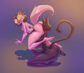 anthro big_butt biped black_body breasts butt duo eyewear female fluffy fluffy_tail genitals glasses glistening glistening_butt glistening_legs glistening_thighs gynomorph gynomorph/female intersex intersex/female kneeling nude oral penis simple_background tail bigdad domestic_cat felid feline felis mammal