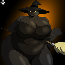 anthro belly big_belly big_breasts breasts broom cleaning_tool cleavage clothed clothing female hat headgear headwear huge_belly huge_breasts hyper leotard overweight overweight_anthro overweight_female solo witch_hat chrisandcompany sasha_(chrisandcompany) domestic_cat felid feline felis mammal 1:1 hi_res