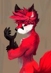 anthro arm_tuft back_tuft black_ears black_markings black_nose butt claws elbow_tuft facial_markings finger_claws fur fur_markings glistening glistening_eyes glistening_nose gloves_(marking) hair head_markings inner_ear_fluff male markings red_body red_ears red_eyes red_fur red_hair red_tail short_hair shoulder_tuft simple_background solo tail tuft white_inner_ear_fluff oselotti duncan_(oselotti) canid canine fox mammal half-length_portrait hi_res portrait signature