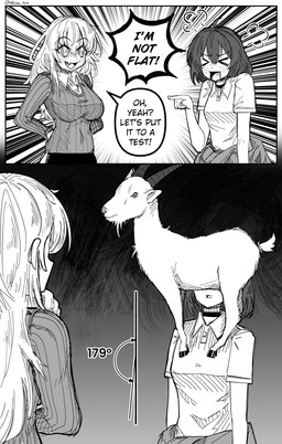 ambiguous_gender black_text bottomwear breasts clothing dialogue female feral fingers fur gesture hair hand_gesture hooves horn open_mouth pointing quadruped text tongue topwear nhim bovid caprine goat human mammal absurd_res comic english_text hi_res monochrome