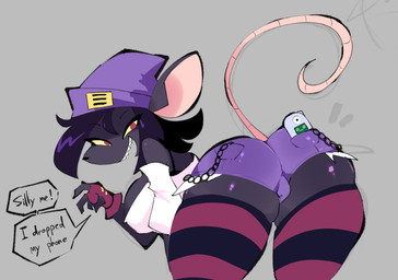 anthro beanie bent_over big_breasts black_hair bottomwear breasts butt cellphone clothing dialogue electronics female fingerless_gloves gloves grey_background hair handwear hat headgear headwear legwear looking_at_viewer looking_back looking_back_at_viewer pattern_clothing pattern_legwear pattern_stockings phone shirt shorts simple_background smile solo stockings striped_clothing striped_legwear striped_stockings stripes tail text topwear white_clothing white_shirt white_topwear ghostlykoisus mammal murid murine rat rodent 2024 digital_media_(artwork) english_text