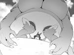 ambiguous_gender anthro big_breasts breasts chest_spike claws eyes_closed female feral fur group in_pouch kemono larger_female larger_young macro male micro nipples open_mouth pouch_(anatomy) size_difference smaller_male spikes spikes_(anatomy) trio_focus young young_feral soryuu nintendo pokemon baby_kangaskhan canid canine generation_1_pokemon generation_4_pokemon kangaskhan lucario mammal pokemon_(species) 2018 monochrome