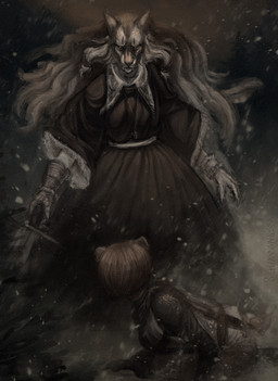 anthro armor clothing duo elderly elderly_female female fight forest forest_background gauntlets gloves glowing glowing_eyes handwear imminent_death knight magic_user melee_weapon nature nature_background necromancer plant short_tail size_difference snow snowing sword tail tapetum_lucidum tree warrior weapon winter schiavonesca felid feline homotherium mammal prehistoric_species saber-toothed_tiger smilodon absurd_res hi_res