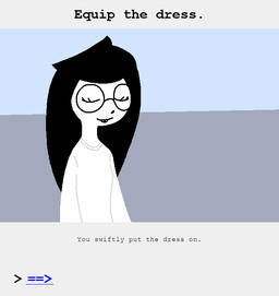 black_hair buckteeth changing_clothing clothed clothing dress eyes_closed eyewear glasses hair pixelated poof_effect simple_background sitting teeth text white_body uglycoal homestuck ms_paint_adventures jade_harley animated animated_comic comic digital_drawing_(artwork) digital_media_(artwork) english_text hi_res shaded simple_shading