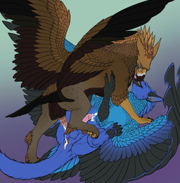 anus balls beak beak_kiss black_body black_feathers blue_body blue_feathers bodily_fluids brown_body brown_feathers cum cum_in_vagina cum_inside cum_on_anus cum_on_penis cum_on_self cum_string duo eyes_closed feathers feral feral_on_feral french_kissing fur genital_fluids genitals gradient herm herm/male herm_penetrated intersex intersex/male intersex_penetrated kissing long_tail lying male male_penetrating on_back penetration penis pull_out raised_leg sex simple_background standing_over tail tail_feathers vaginal vulva wings yaroul mythology issira threis avian gryphon mythological_avian mythological_creature hi_res
