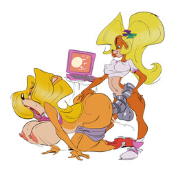 accessory all_fours anthro anthro_penetrated big_breasts blonde_hair blue_eyes bodily_fluids bottomwear bottomwear_down bouncing_breasts breasts butt butt_grab clothed clothing computer cum dildo doggystyle duo electronics eyeshadow female female/female female_penetrated female_penetrating flower flower_in_hair footwear from_behind_position genital_fluids green_eyes hair hair_accessory hand_on_butt hand_on_hip impregnation internal laptop lipstick long_hair looking_pleasured makeup nipple_outline open_mouth ovum partially_clothed penetration plant sex sex_toy sex_toy_in_vagina sex_toy_insertion shoes shorts shorts_down simple_background sperm_cell standing strapon strapon_in_pussy strapon_insertion strapon_sex sweat tongue tongue_out toying_partner vaginal vaginal_penetration wearing_strapon white_background slb activision crash_bandicoot_(series) coco_bandicoot tawna_bandicoot bandicoot mammal marsupial 1:1 digital_media_(artwork) hi_res source_request
