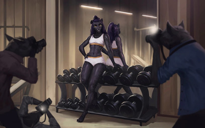 abs anthro athletic_wear black_body black_fur bottomwear bra camera claws clothed clothing dumbbell female female_focus fur group gym gym_bottomwear gym_shorts hand_on_hip melanistic midriff mirror muscular muscular_anthro muscular_female photo_shoot pose shorts solo_focus sports_bra standing underwear weights mdsf canid canine felid jaguar mammal pantherine