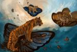 abstract_background amber_eyes ambiguous_gender antennae_(anatomy) cloud feral flying fur group open_mouth orange_body orange_fur paws sky stripes swarm teeth tongue young young_feral flashw arthropod butterfly felid insect leopard lepidopteran lion mammal pantherine tiger 2013 digital_media_(artwork) digital_painting_(artwork) shaded signature